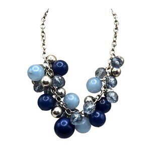 Dark Blue, Light Blue, Silver Cluster Beaded Adjustable Bauble Necklace